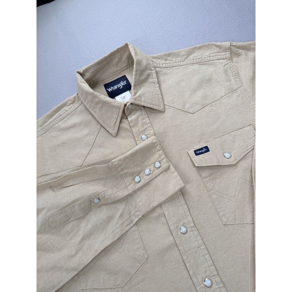 Wrangler Western Pearl Snap Shirt Men’s L Khaki Long Sleeve 100% Cotton Cowboy